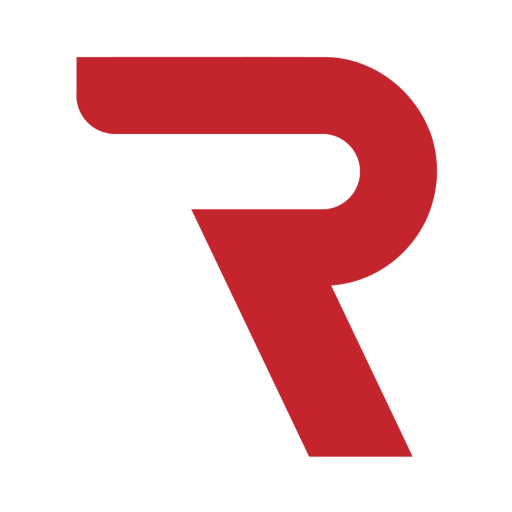 Rekrutteringskompagniet logo: Et enkelt og stiliseret rødt bogstav "R" på en hvid baggrund. Formen på "R'et" er moderne og grafisk, med en bred, vandret top, en rund kurve mod højre, og en skrå, nedadgående streg.